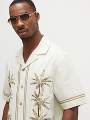 River Island Cream Regular Fit Palm Embroidery Revere Shirt - Image 4 of 4