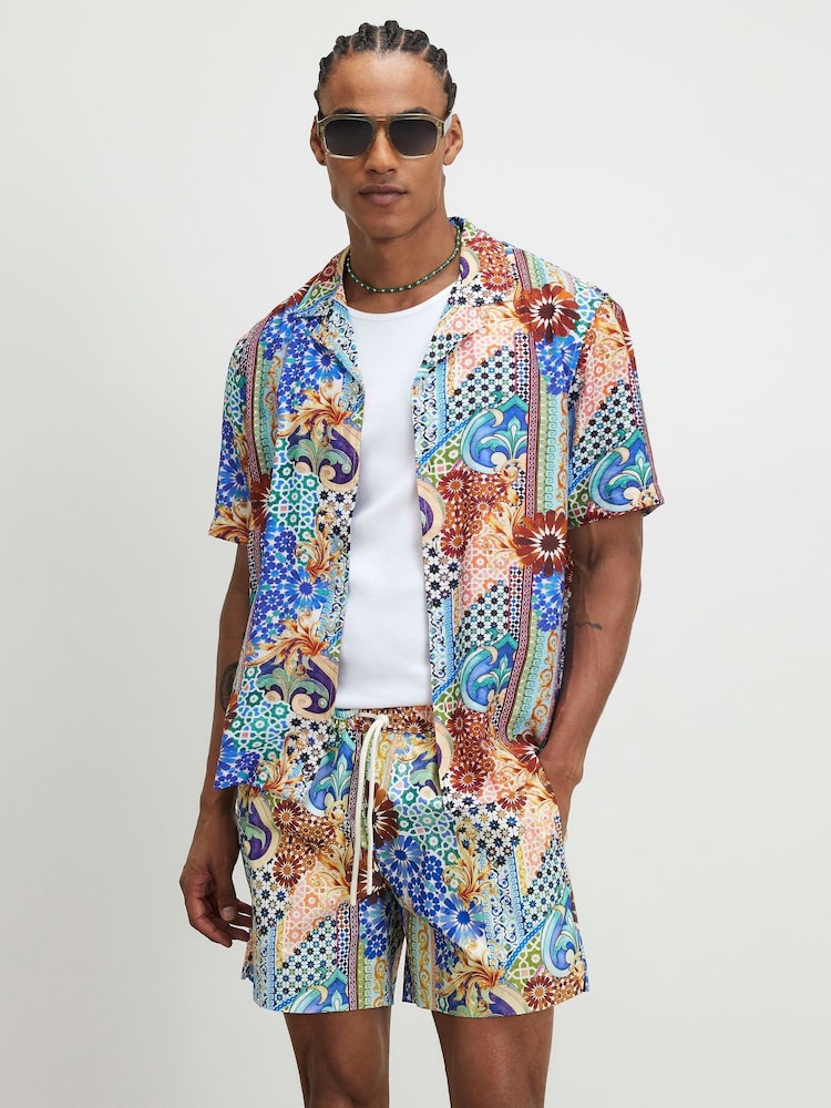 River Island Blue Del Marr Tile Revere Shirt - Image 1 of 4