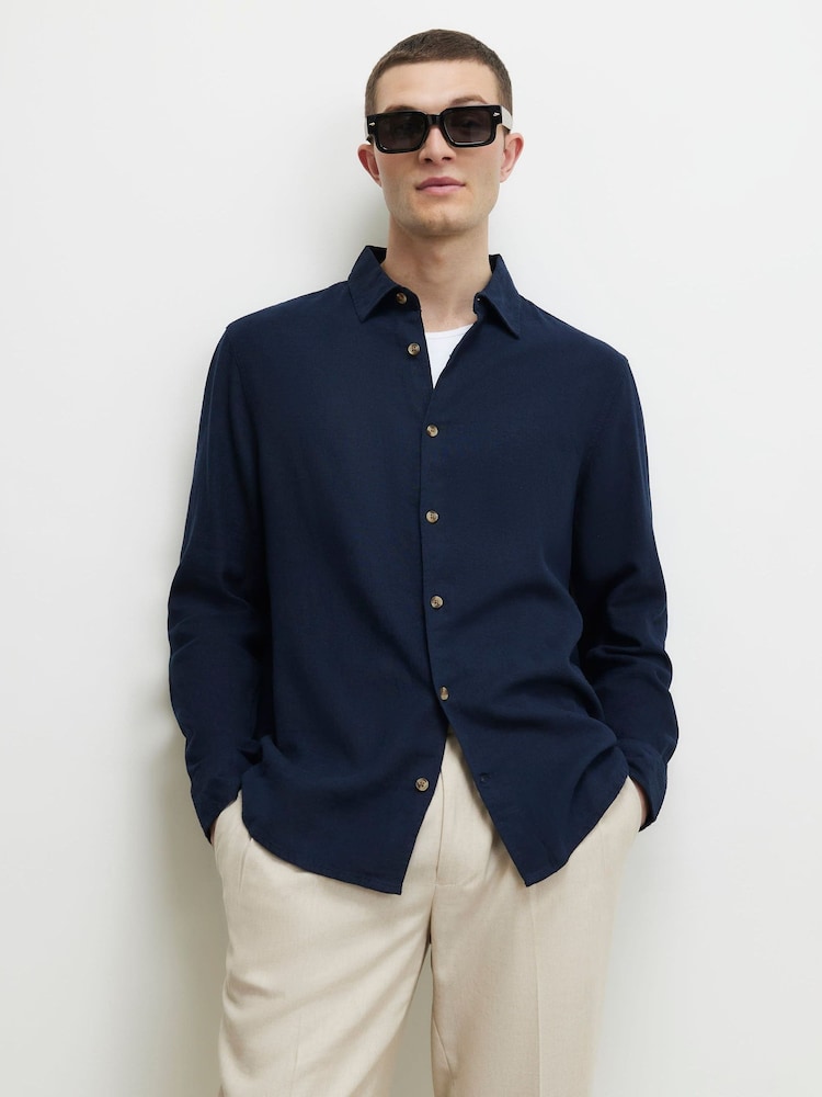 River Island Blue Regular Fit Linen Blend Shirt - Image 1 of 4 River Island Blue Regular Fit Linen Blend Shirt - Image 1 of 4