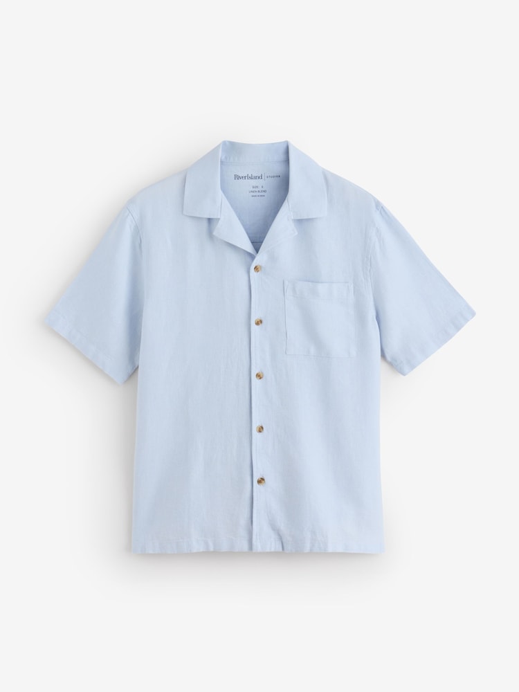 River Island Blue Regular Fit Linen Blend Revere Shirt - Image 1 of 1 River Island Blue Regular Fit Linen Blend Revere Shirt - Image 1 of 1