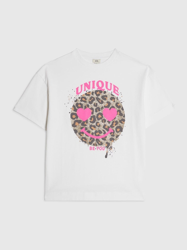 River Island White Leopard Smiley T-Shirt - Image 1 of 3