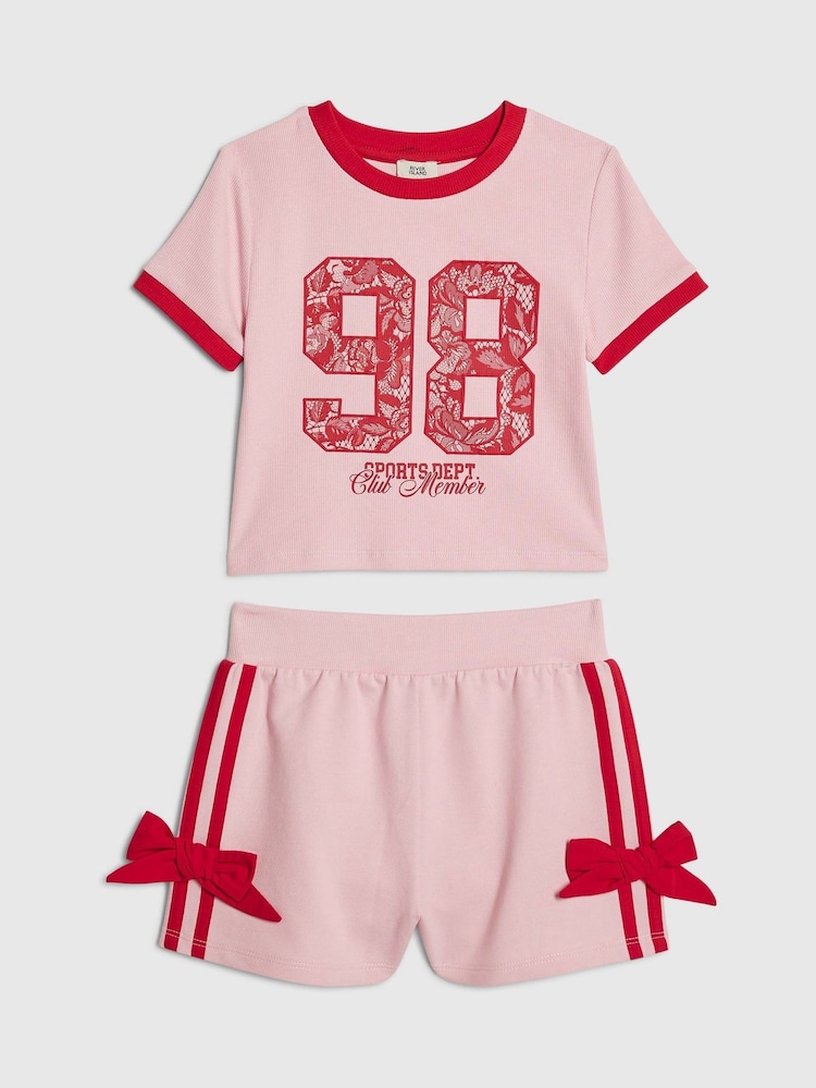 River Island Pink Lace Number Top & Runner Shorts Set - Image 1 of 4 River Island Pink Lace Number Top & Runner Shorts Set - Image 1 of 4