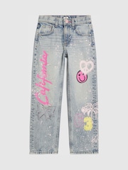 River Island Blue Straight Fit Neon Graffiti Jeans - Image 1 of 4