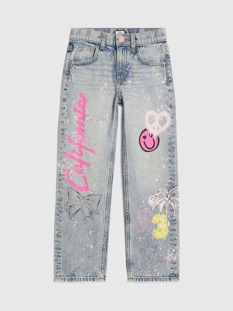 River Island Blue Straight Fit Neon Graffiti Jeans - Image 1 of 4