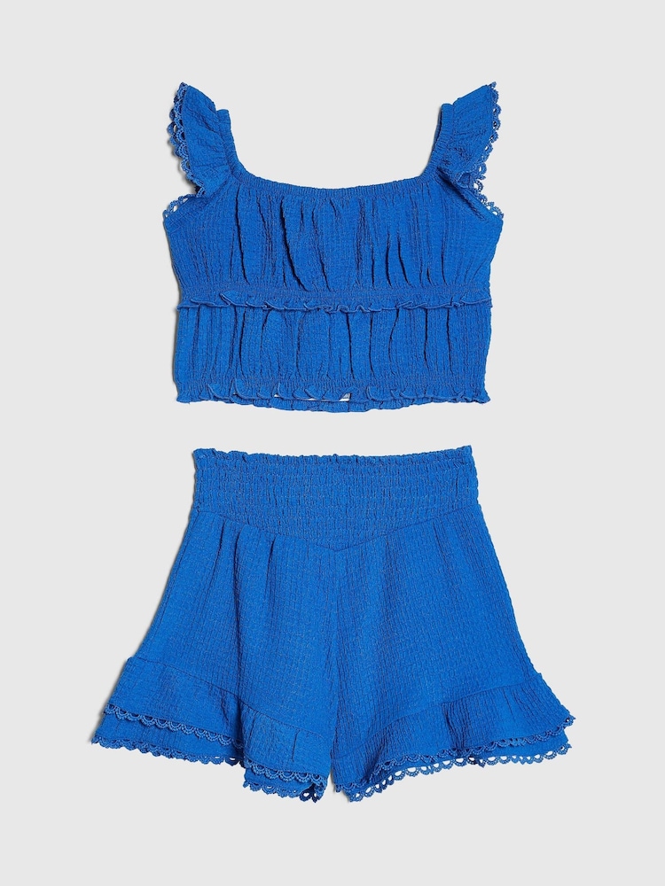 River Island Blue Frill Shirred Top & Shorts Set - Image 2 of 4 River Island Blue Frill Shirred Top & Shorts Set - Image 2 of 4