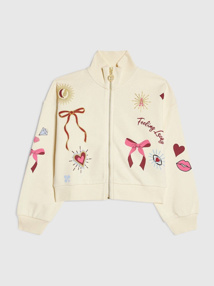 River Island Cream Icon Zip Through Sweatshirt - Image 1 of 4 River Island Cream Icon Zip Through Sweatshirt - Image 1 of 4