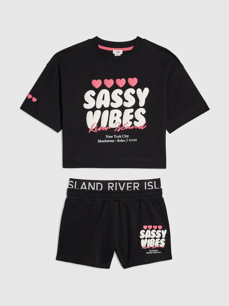 River Island Black T-Shirt & Runner Shorts Set - Image 1 of 4 River Island Black T-Shirt & Runner Shorts Set - Image 1 of 4