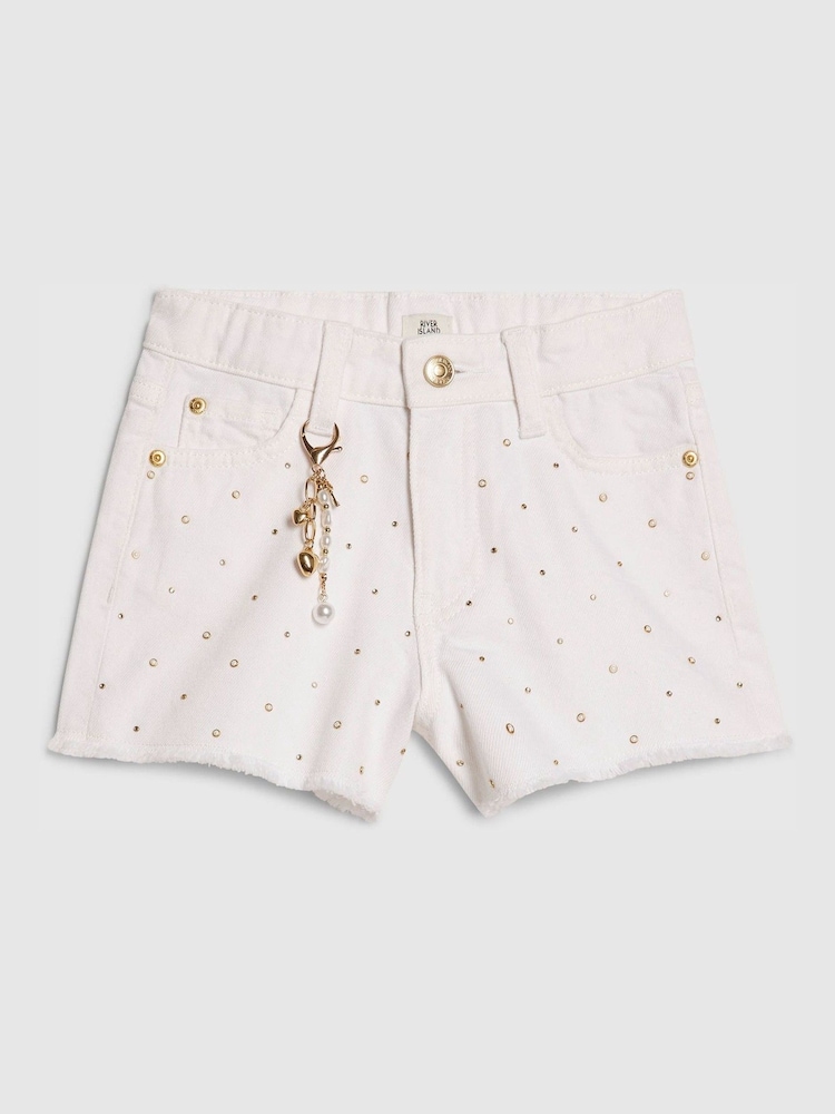 River Island White Pearl Hotfix Denim Shorts - Image 1 of 4