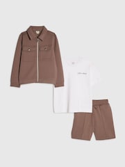 River Island Brown Scuba Harrington Jacket T-Shirt & Short 3 Piece Set - Image 1 of 4