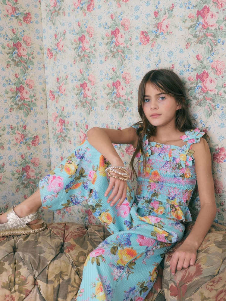 River Island Blue Cabbages & Roses Corsage Top & Trousers Set - Image 1 of 6