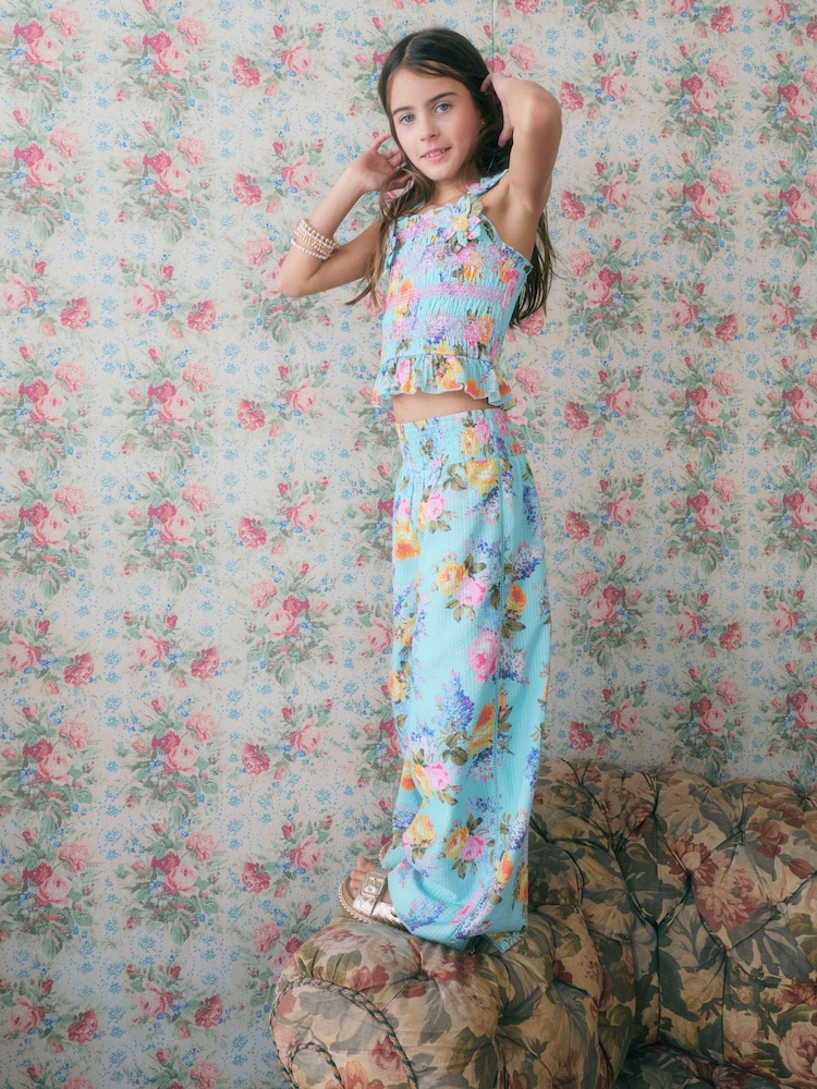 River Island Blue Cabbages & Roses Corsage Top & Trousers Set - Image 2 of 6