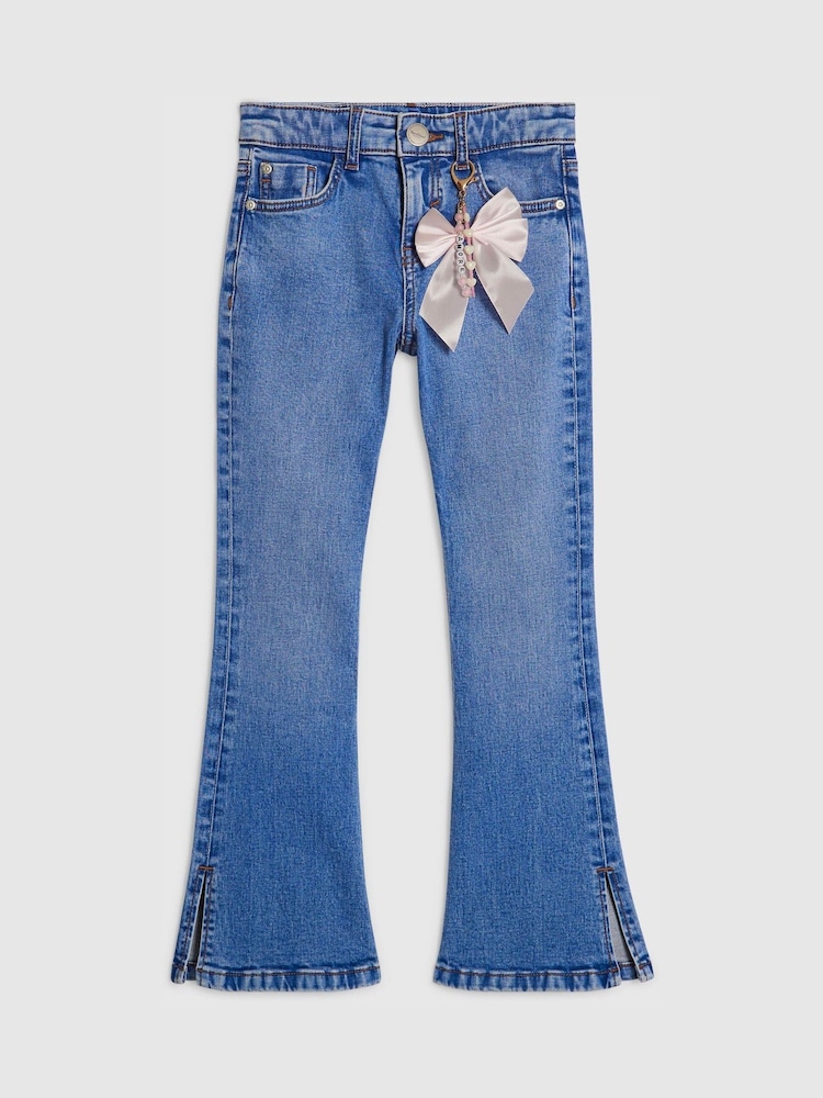River Island Blue Mid Wash Flare Jeans With Keychain - Image 1 of 3 River Island Blue Mid Wash Flare Jeans With Keychain - Image 1 of 3