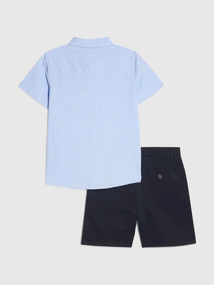 River Island Blue Short Sleeve Shirt & Chino Shorts Set - Image 2 of 5 River Island Blue Short Sleeve Shirt & Chino Shorts Set - Image 2 of 5