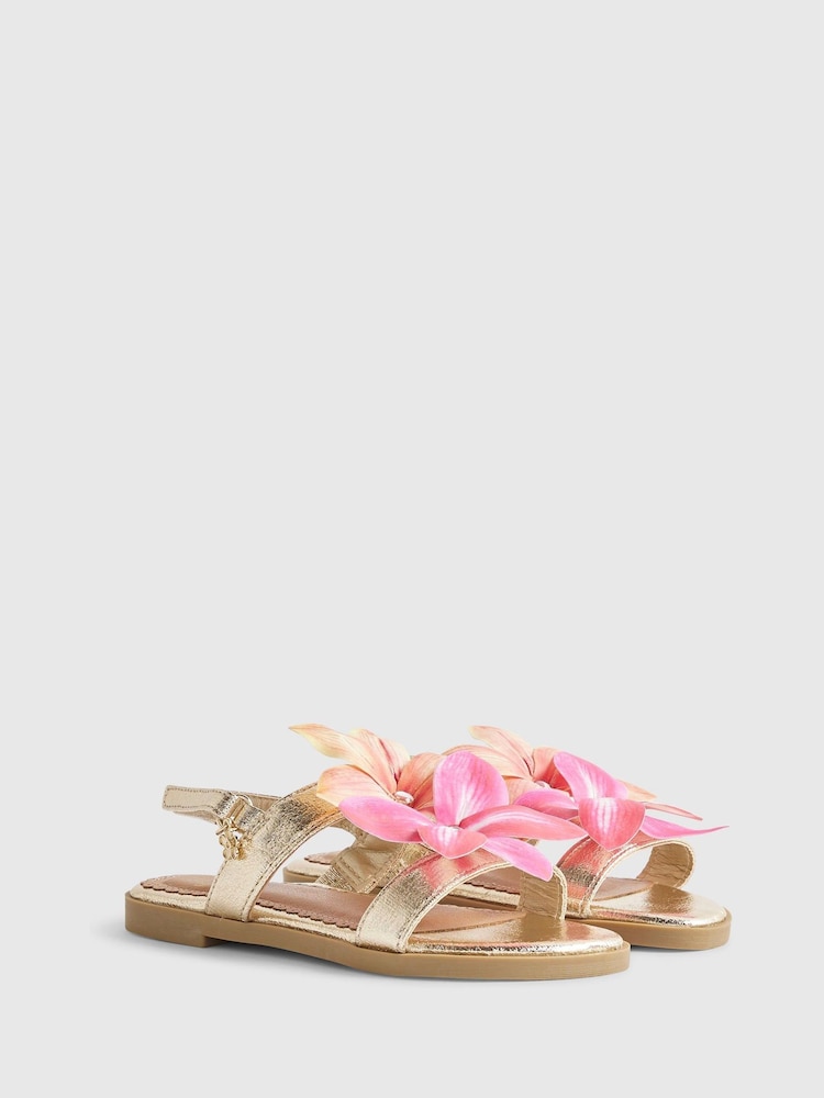 River Island Gold Flower Metallic Sandals - Image 2 of 5 River Island Gold Flower Metallic Sandals - Image 2 of 5