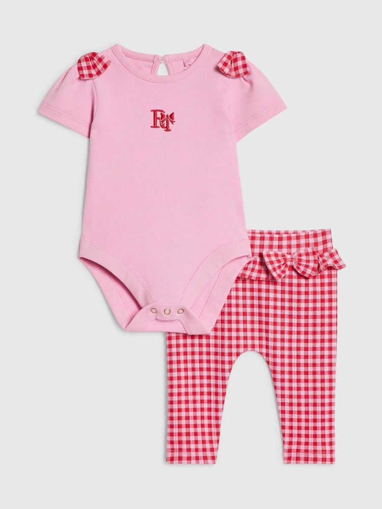 River Island Pink Frill Bodysuit & Gingham Leggings Set - Image 1 of 4 River Island Pink Frill Bodysuit & Gingham Leggings Set - Image 1 of 4
