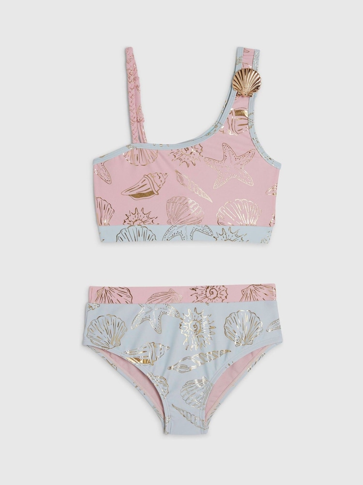 River Island Pink Foil Shell Asymetric Bikini - Image 1 of 4 River Island Pink Foil Shell Asymetric Bikini - Image 1 of 4