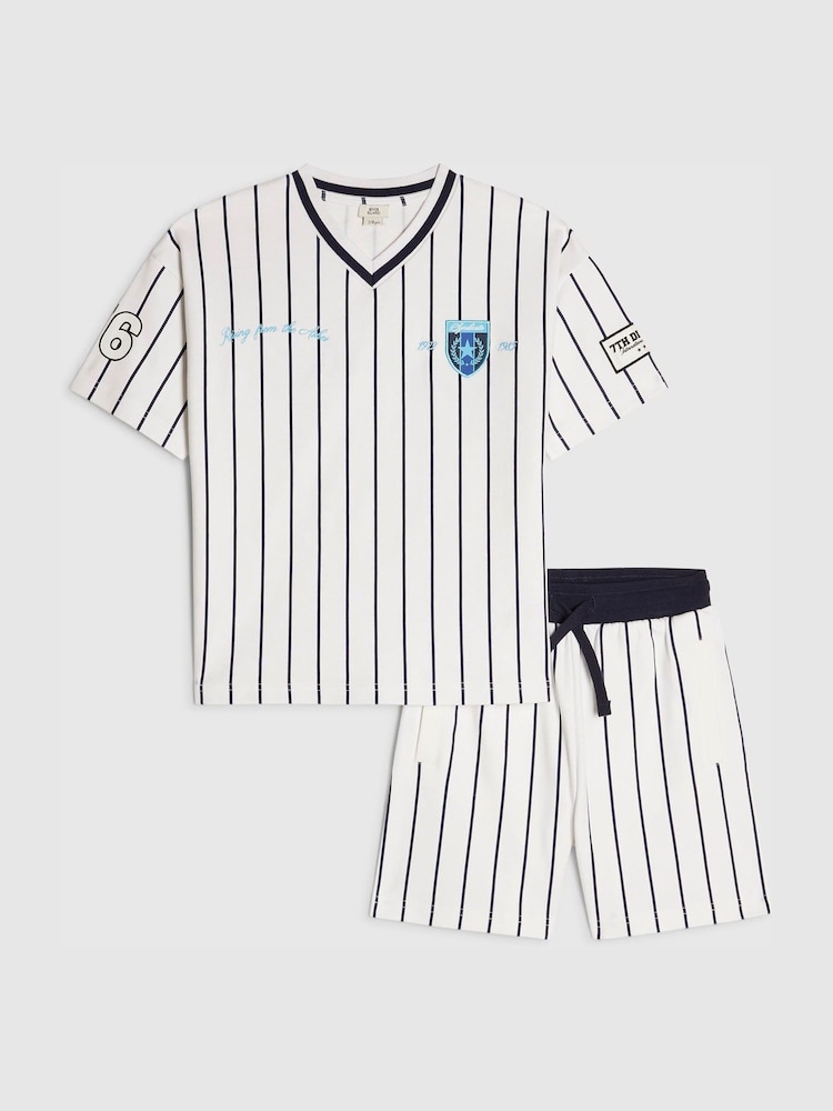 River Island White Oversized Baseball Stripe Top and Short Set - Image 1 of 5 River Island White Oversized Baseball Stripe Top and Short Set - Image 1 of 5