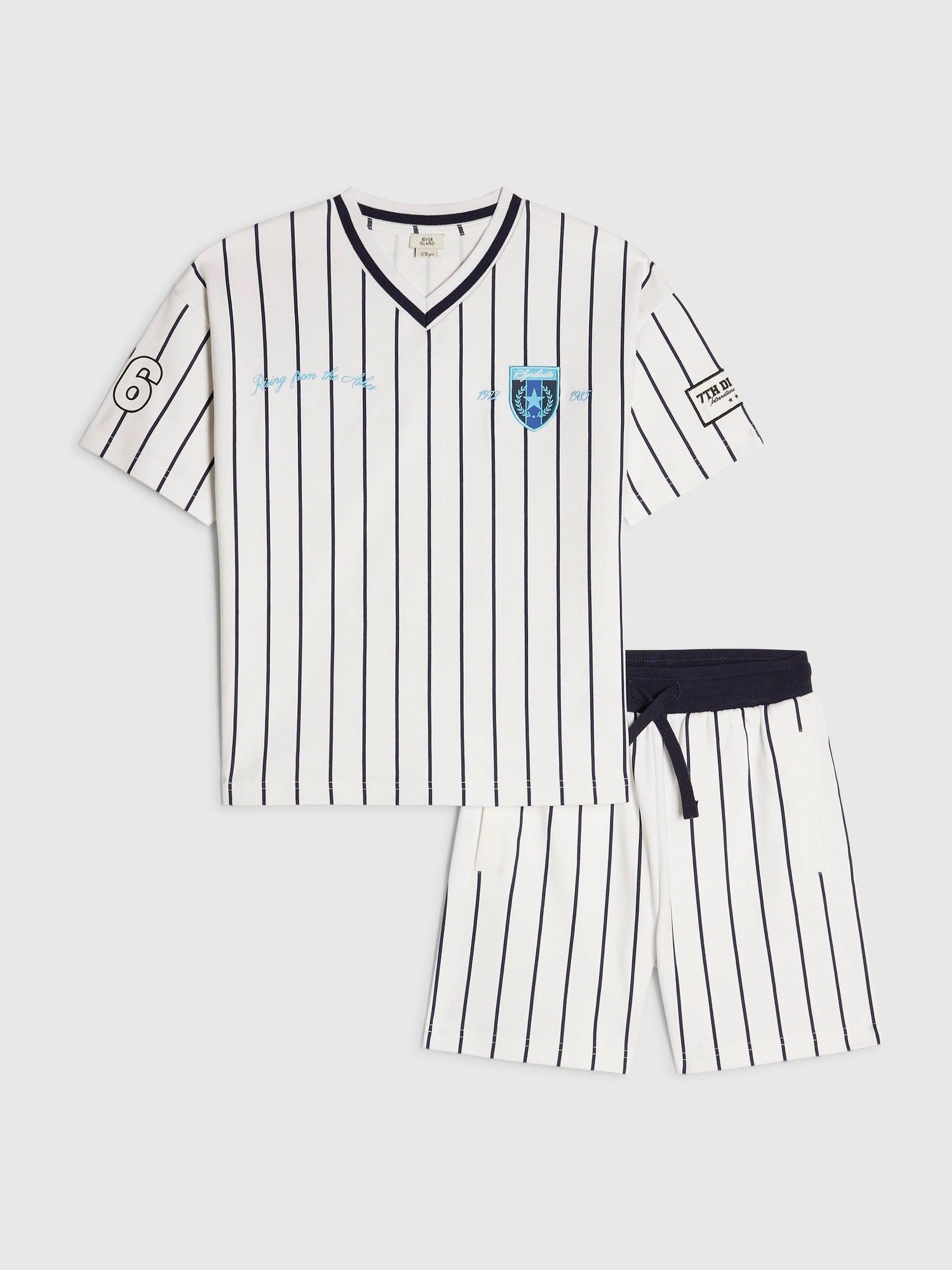 Buy River Island White Oversized Baseball Stripe Top and Short Set