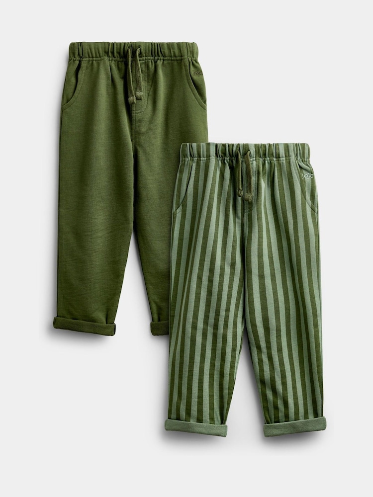 JoJo Maman Bébé Khaki Green 2-Pack Vertical Stripe & Plain Joggers - Image 1 of 7