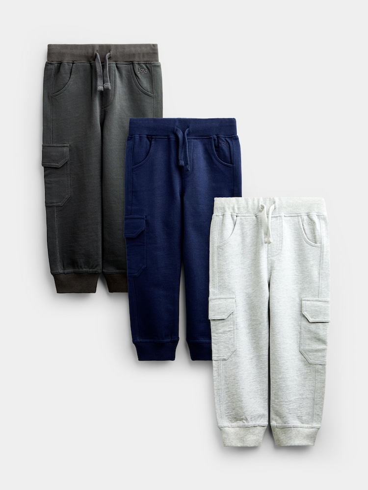 JoJo Maman Bébé Grey White & Navy 3-Pack Cargo Joggers - Image 1 of 10