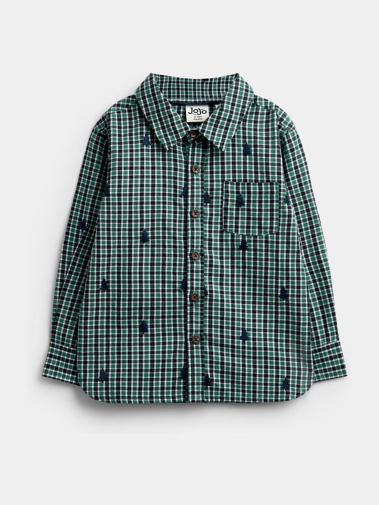 JoJo Maman Bébé Green Check Christmas Tree All Over Embroidered Shirt - Image 1 of 4