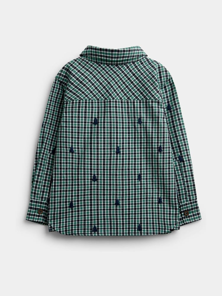 JoJo Maman Bébé Green Check Christmas Tree All Over Embroidered Shirt - Image 2 of 4