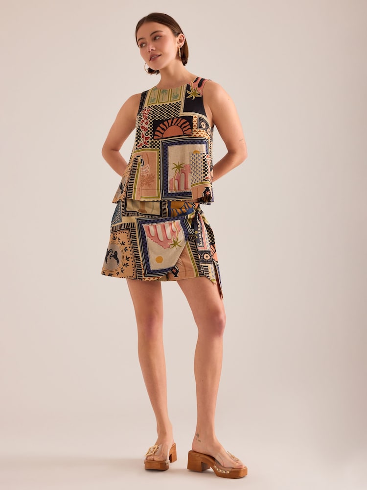 Anthropologie Linen-Blend Printed Black Skort - Image 1 of 4