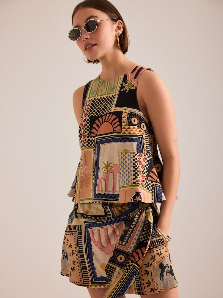 Anthropologie Linen-Blend Printed Black Skort - Image 2 of 4