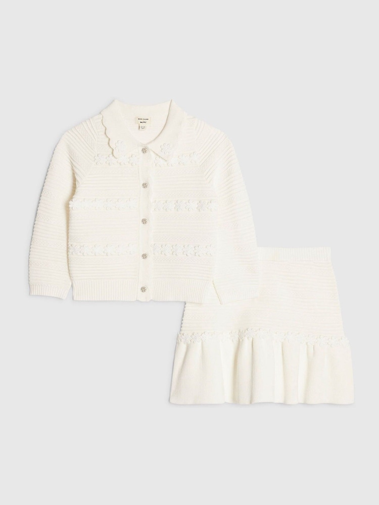 River Island White Knitted Floral Cardigan & Skirt Set - Image 2 of 5 River Island White Knitted Floral Cardigan & Skirt Set - Image 2 of 5