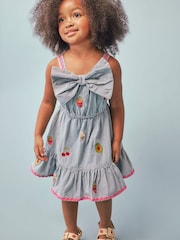 River Island Blue Stripe Bow Frill Dress - Image 1 of 5