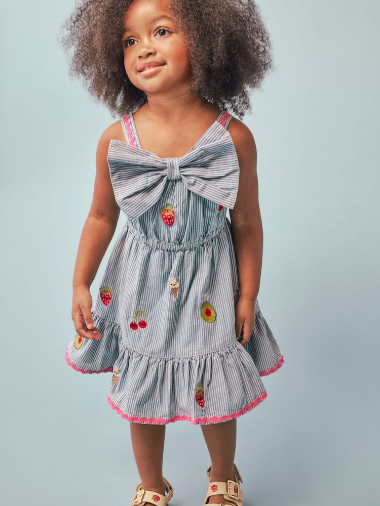 River Island Blue Stripe Bow Frill Dress - Image 1 of 5 River Island Blue Stripe Bow Frill Dress - Image 1 of 5