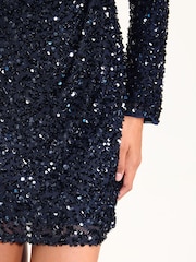 Темно-синий - Friends Like These Long Sleeve Sequin Knot Detail Mini Dress - Изображение 4 6