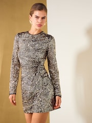 Цвета золотистого шампанского - Friends Like These Long Sleeve Sequin Knot Detail Mini Dress - Изображение 1 6