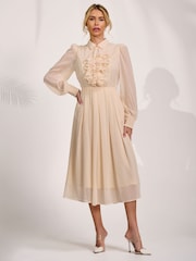 Jolie Moi White Textured Chiffon Long Sleeve Shirt Dress - Image 1 of 6