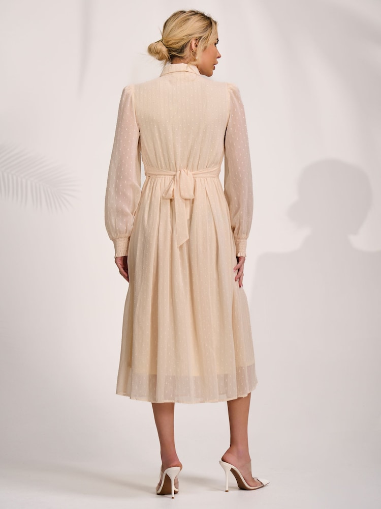 Jolie Moi White Textured Chiffon Long Sleeve Shirt Dress - Image 2 of 6