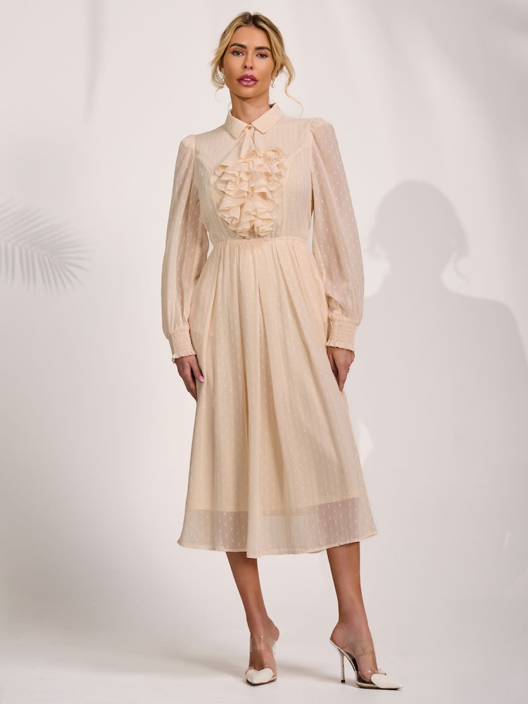 Jolie Moi White Textured Chiffon Long Sleeve Shirt Dress - Image 6 of 6