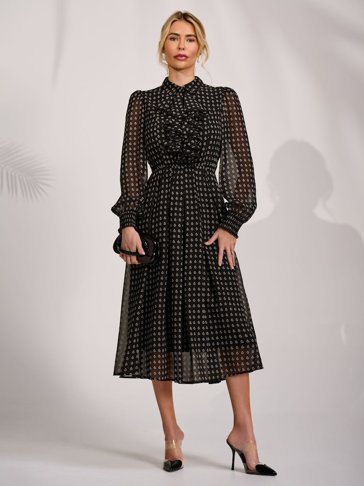 Jolie Moi Black Paisley Textured Chiffon Long Sleeve Shirt Dress - Image 1 of 6