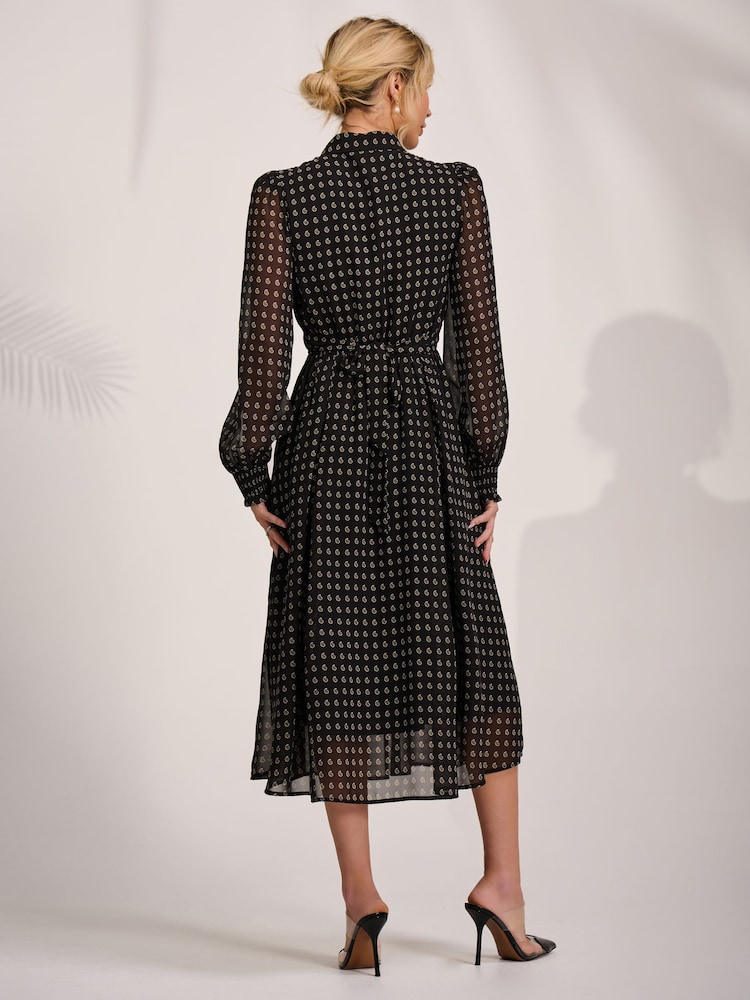 Jolie Moi Black Paisley Textured Chiffon Long Sleeve Shirt Dress - Image 2 of 6