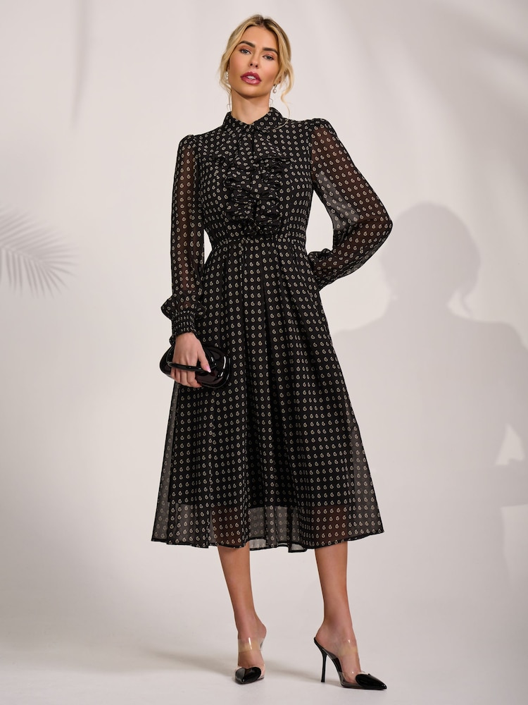Jolie Moi Black Paisley Textured Chiffon Long Sleeve Shirt Dress - Image 6 of 6