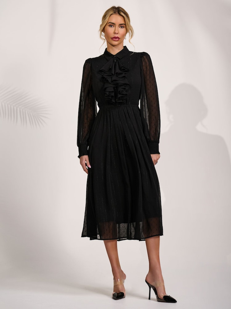 Jolie Moi Black Textured Chiffon Long Sleeve Shirt Dress - Image 6 of 6