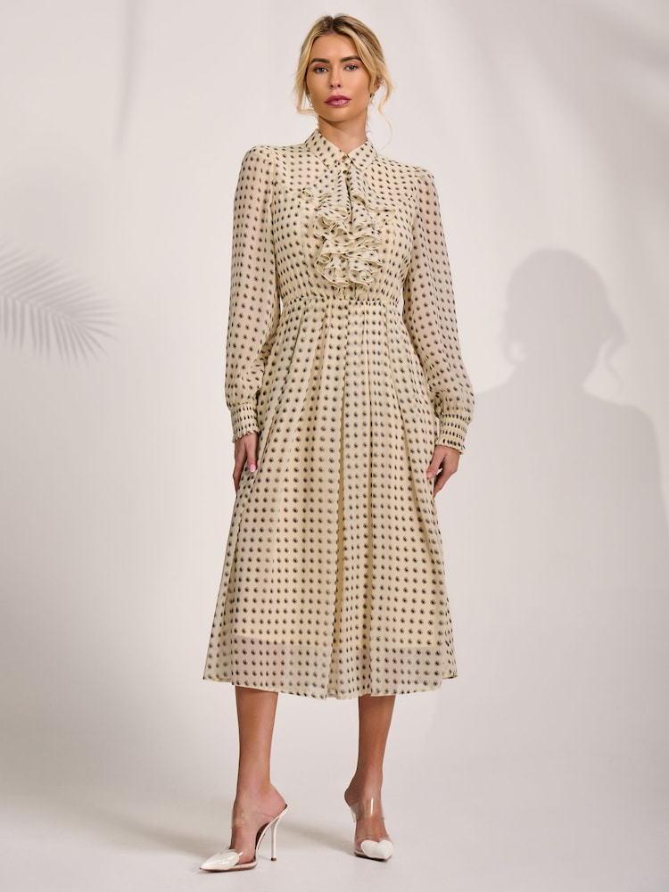 Jolie Moi Natural Textured Chiffon Long Sleeve Shirt Dress - Image 1 of 6