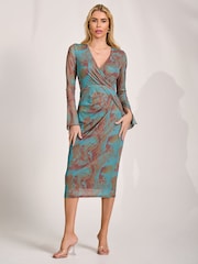 Jolie Moi Teal Abstract Long Sleeve Mesh Bodycon Dress - Image 1 of 6
