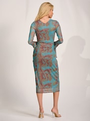 Jolie Moi Teal Abstract Long Sleeve Mesh Bodycon Dress - Image 2 of 6