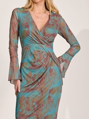 Jolie Moi Teal Abstract Long Sleeve Mesh Bodycon Dress - Image 3 of 6
