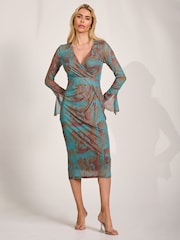 Jolie Moi Teal Abstract Long Sleeve Mesh Bodycon Dress - Image 4 of 6