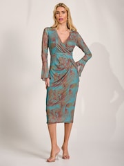 Jolie Moi Teal Abstract Long Sleeve Mesh Bodycon Dress - Image 5 of 6