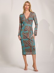 Jolie Moi Teal Abstract Long Sleeve Mesh Bodycon Dress - Image 6 of 6