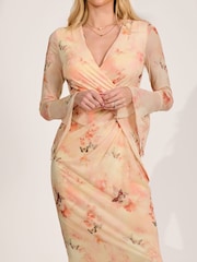 Jolie Moi Orange Long Sleeve Mesh Bodycon Dress - Image 3 of 6