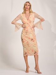 Jolie Moi Orange Long Sleeve Mesh Bodycon Dress - Image 4 of 6