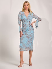 Jolie Moi Blue Long Sleeve Mesh Bodycon Dress - Image 1 of 6